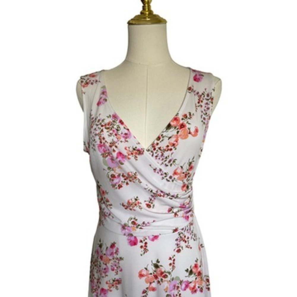Kaileigh White Pink Floral Faux Wrap Sleeveless A-Line Midi Jersey Dress Size S - Picture 3 of 11